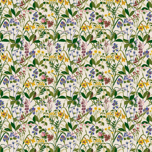 Papel pintado estampado floral multicolor sobre fondo blanco Gocken Jobs Ros och Lilja 1962