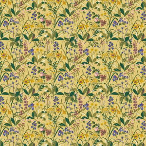Papel pintado estampado floral multicolor sobre fondo amarillo Gocken Jobs Ros och Lilja 1963