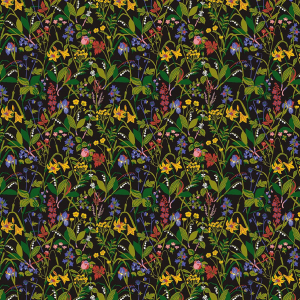 Papel pintado estampado floral multicolor sobre fondo negro Gocken Jobs Ros och Lilja 1964
