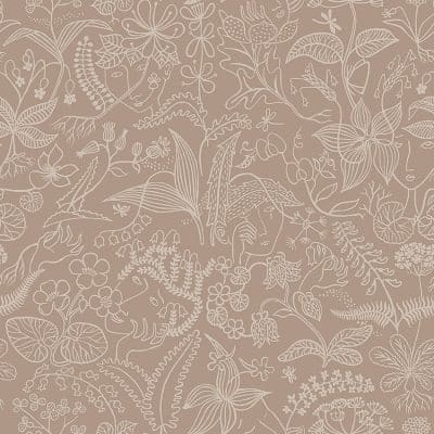 Papel pintado floral estampado color rosa con marrón y beige Stig Lindberg Grazia 1980