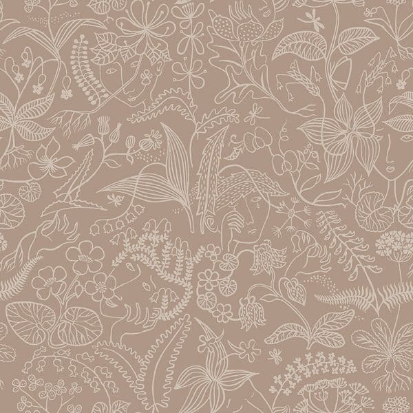 Papel pintado floral estampado color rosa con marrón y beige Stig Lindberg Grazia 1980