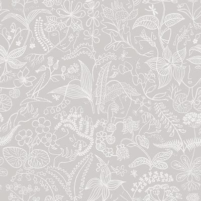 Papel pintado floral estampado color blanco con fondo gris Stig Lindberg Grazia 1981