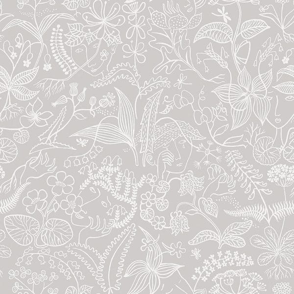 Papel pintado floral estampado color blanco con fondo gris Stig Lindberg Grazia 1981