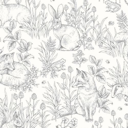 Papel pintado infantil y juvenil en tonos grises fondo blanco Forest Friends 7478