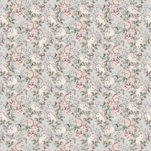 Papel pintado infantil y juvenil ardillas y conejos con flores en tonos rosas y azules Magic Forest 7474