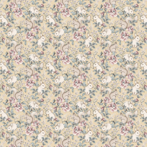 Papel pintado infantil y juvenil ardillas y conejos con flores en tonos rosas y verdes con fondo amarillo Magic Forest 7475