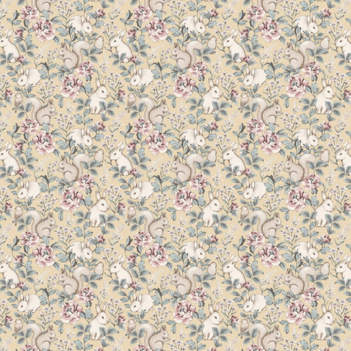 Papel pintado infantil y juvenil ardillas y conejos con flores en tonos rosas y verdes con fondo amarillo Magic Forest 7475