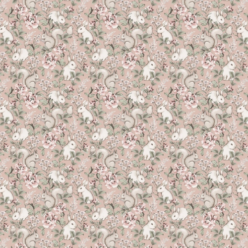 Papel pintado infantil y juvenil ardillas y conejos con flores en tonos rosas y verdes con fondo rosa Magic Forest 7476