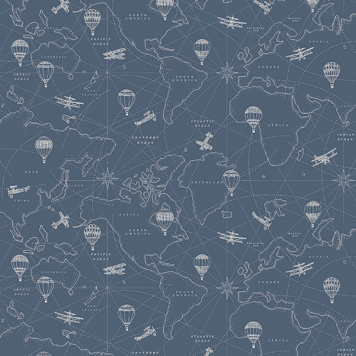 Papel pintado con ilustraciones de mapas en blanco sobre fondo azul Adventures 7458