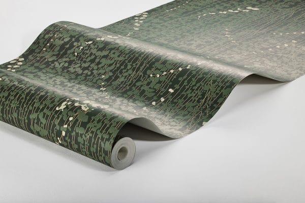 Papel pintado de ramilletes de hojas color verde sobre fondo verde oscuro Arne Jacobsen Ranke 1983 - Imagen 3