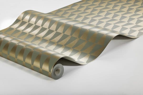 Papel pintado geométrico color verde y dorado brillante Arne Jacobsen Trapez 1993 - Imagen 3