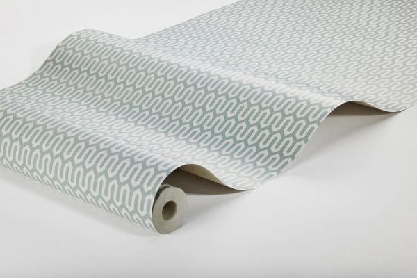 Papel pintado geométrico color turquesa y blanco Arne Jacobsen Ypsilon 1990 - Imagen 3