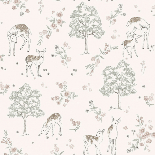 Papel pintado infantil y juvenil con colores rosas y verdes sobre fondo rosa-beige Deer Love 7473