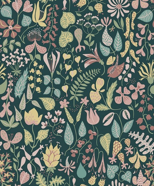 Papel pintado floral estampado color multicolor Stig Lindberg Herbarium 1976