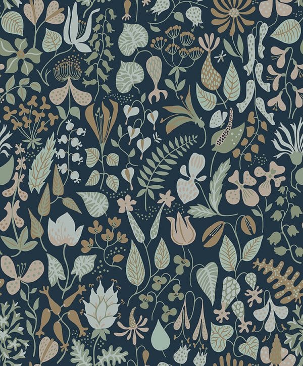 Papel pintado floral estampado color multicolor Stig Lindberg Herbarium 1977