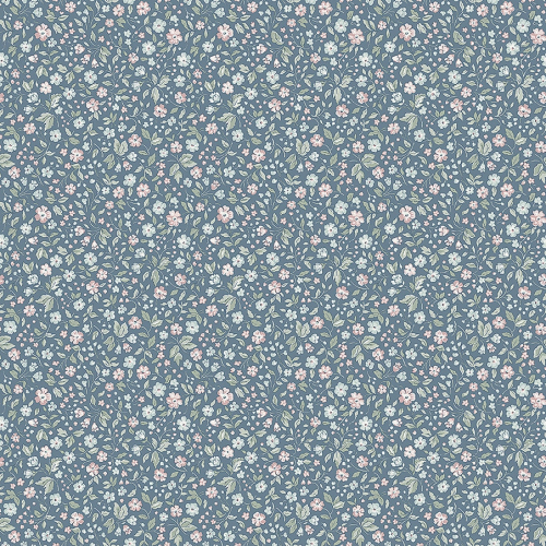 Papel pintado infantil y juvenil flores rosas y azules sobre fondo azul Jazmine 7466