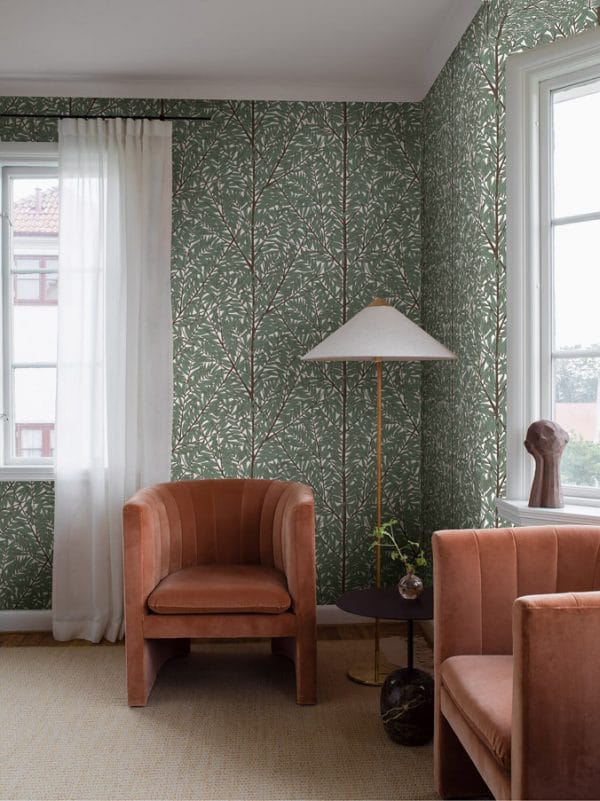 Mural de papel pintado estilo rameado de color verde Viola Gråsten Korgpil 1956 - Imagen 4