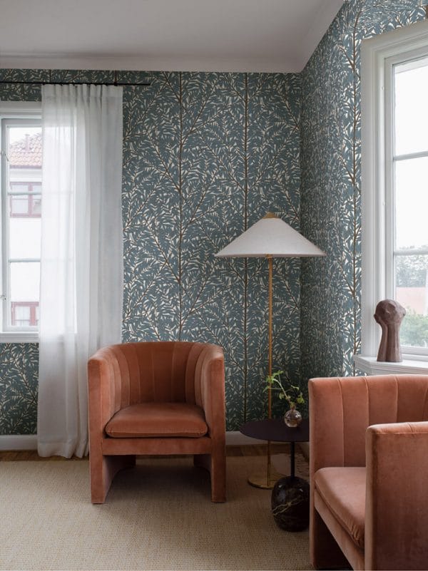 Mural de papel pintado estilo rameado de color azul Viola Gråsten Korgpil 1957 - Imagen 4
