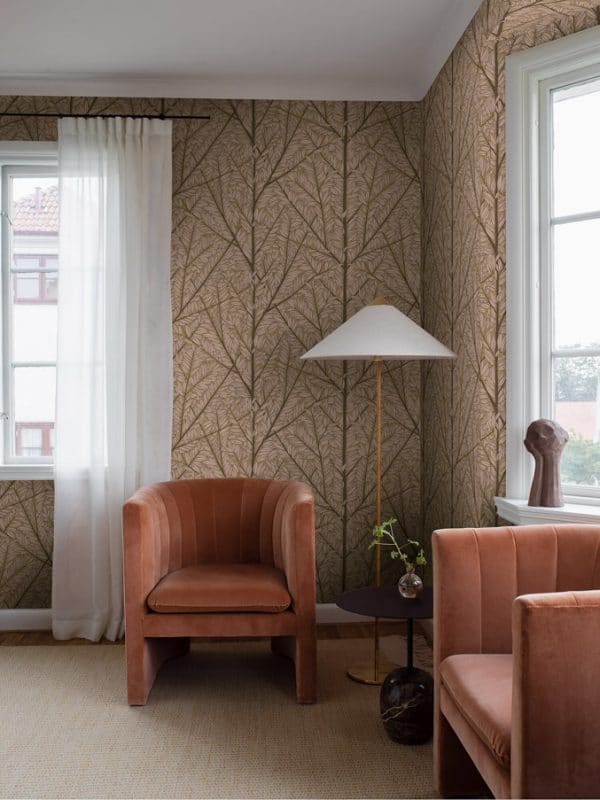 Mural de papel pintado estilo rameado de color marrón y rosa Viola Gråsten Korgpil 1958 - Imagen 5