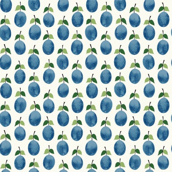Papel pintado estilo frutas de color azul Stig Lindberg Prunus 1974