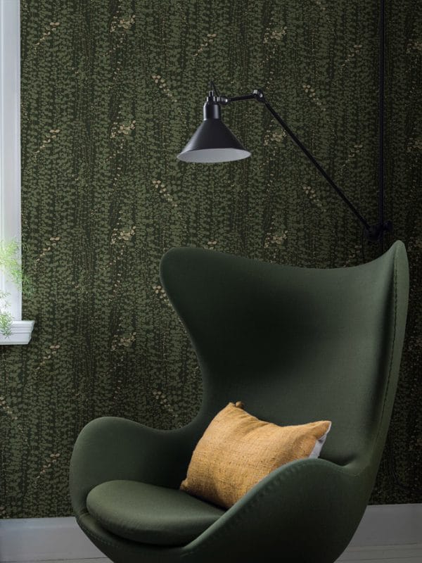 Papel pintado de ramilletes de hojas color verde sobre fondo verde oscuro Arne Jacobsen Ranke 1983 - Imagen 6