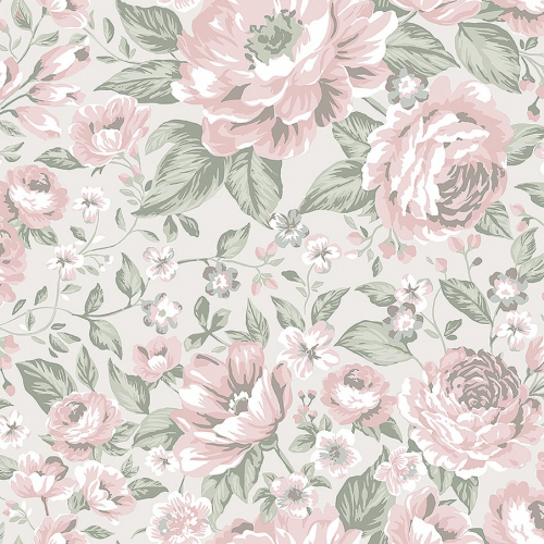 Papel pintado infantil y juvenil con flores rosas sobre fondo beige Rosie 7469