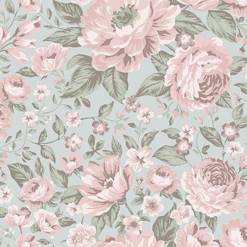 Papel pintado infantil y juvenil con flores rosa sobre fondo azul Rosie 7470
