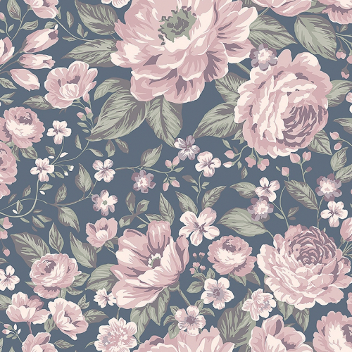 Papel pintado infantil y juvenil con flores rosas sobre fondo azul Rosie 7471