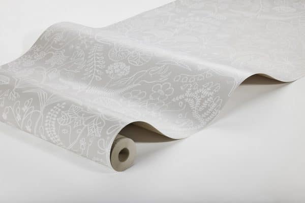 Papel pintado floral estampado color blanco con fondo gris Stig Lindberg Grazia 1981 - Imagen 3