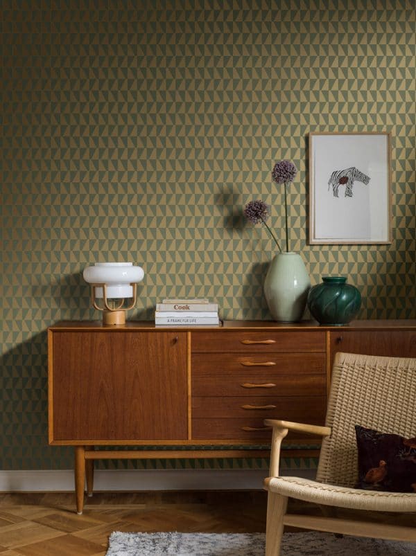 Papel pintado geométrico color verde y dorado brillante Arne Jacobsen Trapez 1993 - Imagen 4