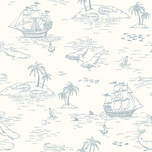 Papel pintado infantil y juvenil con motivos marinos en color azul sobre fondo beige claro Treasure Island 7450