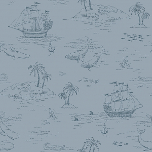 Papel pintado infantil y juvenil con motivos marinos en color azul sobre fondo azul Treasure Island 7451