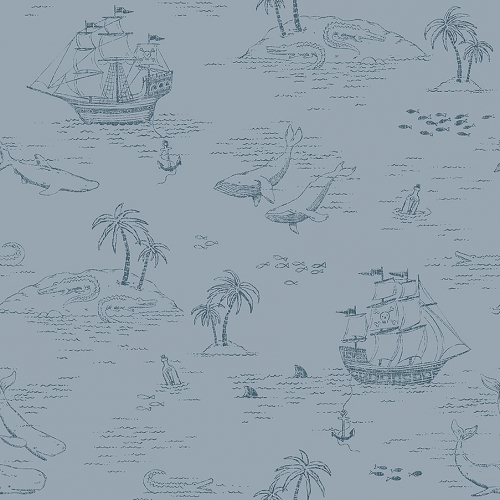 Papel pintado infantil y juvenil con motivos marinos en color azul sobre fondo azul Treasure Island 7451