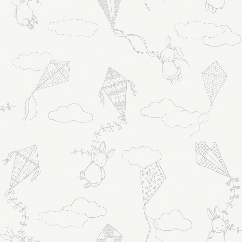 Papel pintado infantil y juvenil motivos infantiles gris sobre fondo blanco Up & Away 7459