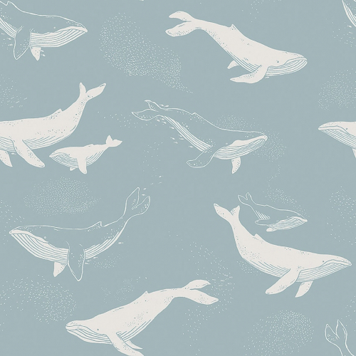 Papel pintado infantil y juvenil ballenas en gris sobre fondo azul Whales 7453