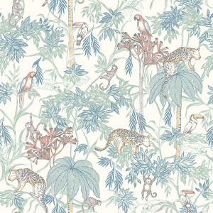 Papel pintado infantil y juvenil con animales y plantas selva multicolor sobre fondo blanco Wild Jungle 7462