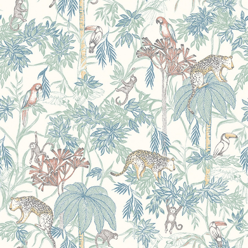 Papel pintado infantil y juvenil con animales y plantas selva multicolor sobre fondo blanco Wild Jungle 7462
