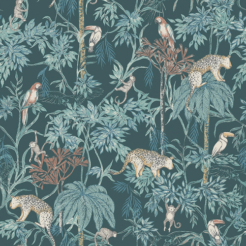 Papel pintado infantil y juvenil con animales y plantas de selva multicolor sobre fondo azul Wild Jungle 7463