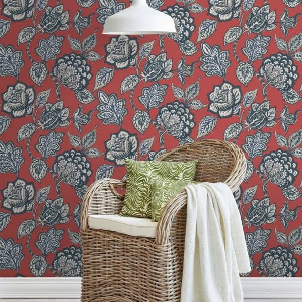 Papel pintado flores color verde sobre fondo rojo Mid Summer Jacobean CY1536 - Imagen 3