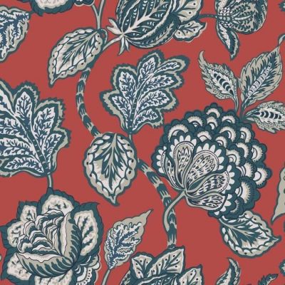 Papel pintado flores color verde sobre fondo rojo Mid Summer Jacobean CY1536