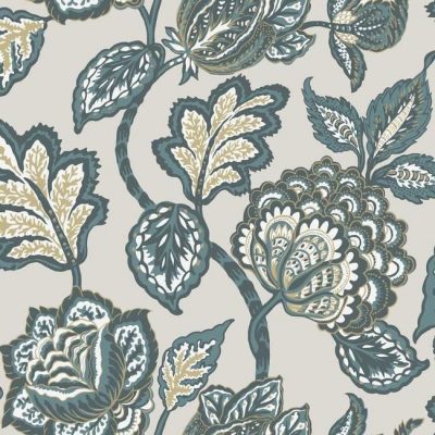 Papel pintado flores color azul sobre fondo gris Mid Summer Jacobean CY1537