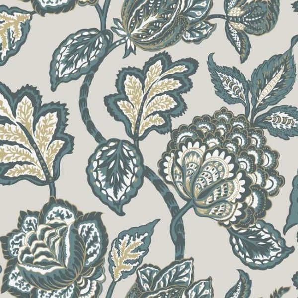 Papel pintado flores color azul sobre fondo gris Mid Summer Jacobean CY1537