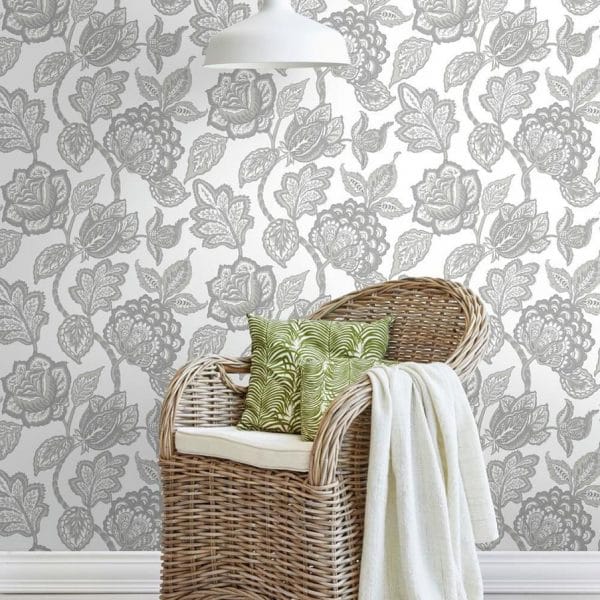 Papel pintado flores color gris sobre fondo blanco Mid Summer Jacobean CY1538 - Imagen 3