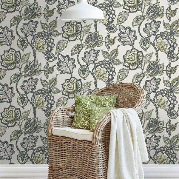 Papel pintado flores color verde sobre fondo verde claro Mid Summer Jacobean CY1539 - Imagen 3