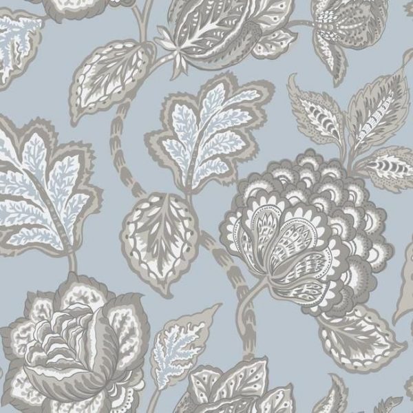 Papel pintado flores color gris sobre fondo azul claro Mid Summer Jacobean CY1540