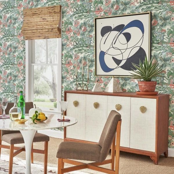Papel pintado floral estampado, flores rosas sobre fondo verde Dynasty Floral Branch CY1542 - Imagen 3