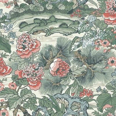 Papel pintado floral estampado, flores rosas sobre fondo verde Dynasty Floral Branch CY1542