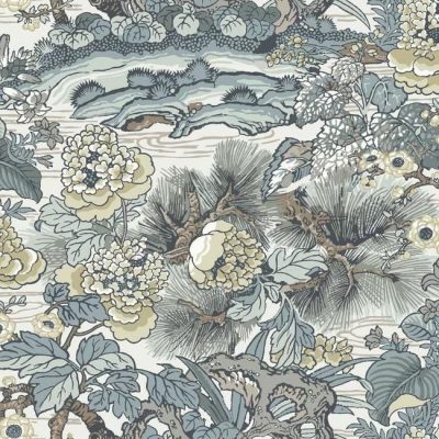 Papel pintado floral estampado con azules sobre fondo blanco Dynasty Floral Branch CY1543