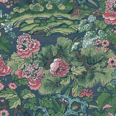 Papel pintado floral estampado, multicolor sobre fondo azul Dynasty Floral Branch CY1544