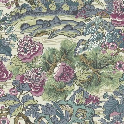 Papel pintado floral estampado multicolor sobre fondo verde Dynasty Floral Branch CY1545